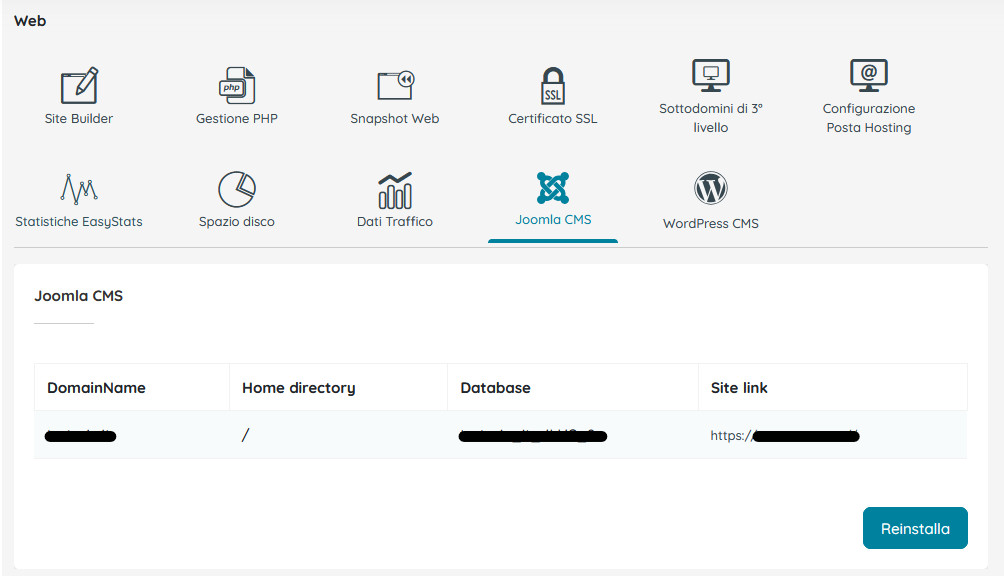 Installazione Joomla: riepilogo installazione