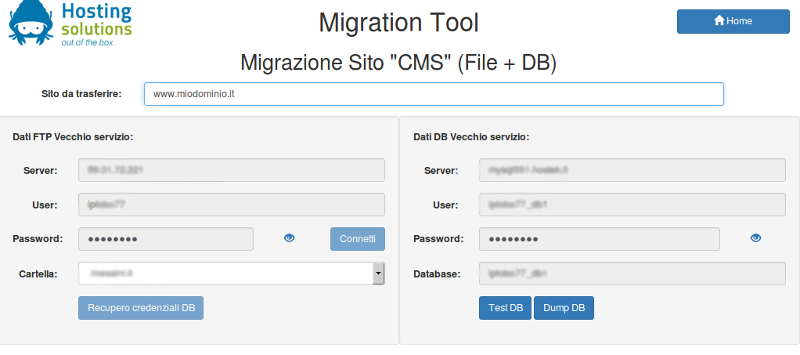 migration tool sito e DB: dati FTP e database