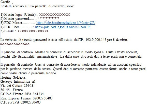 email con i nuovi dati di accesso