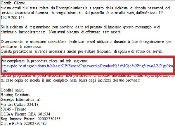 email con link di recupero