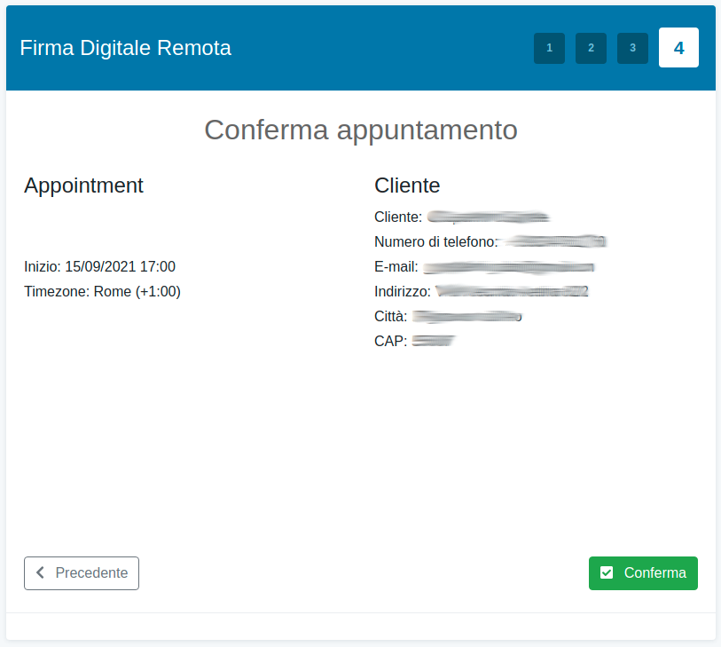 Messaggio di riepilogo della prenotazione effettuata
