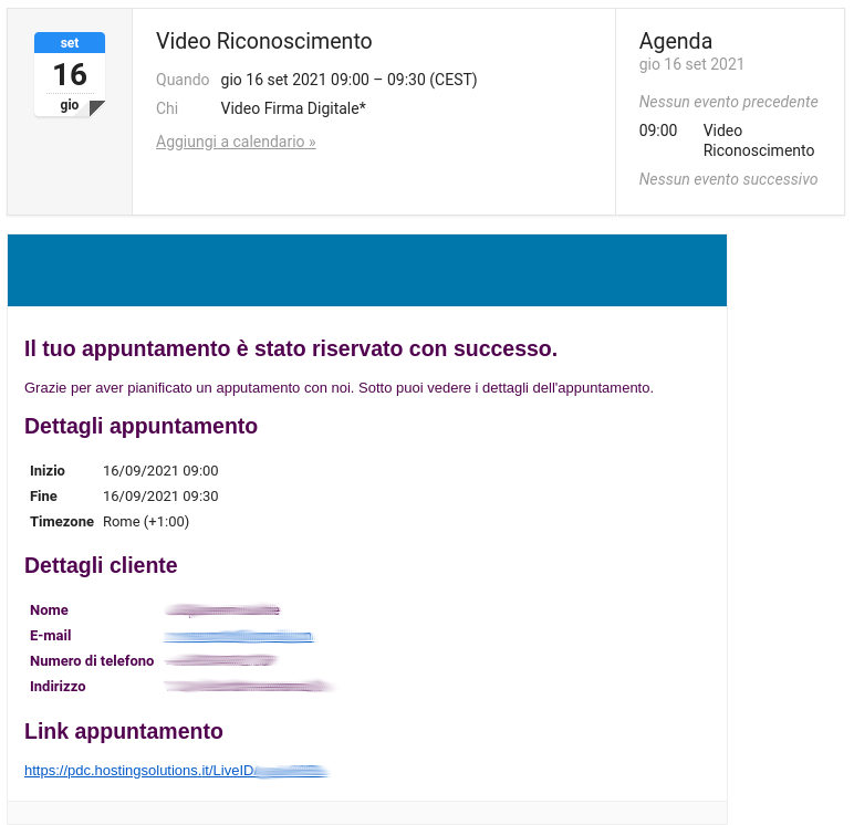 email di conferma della prenotazione