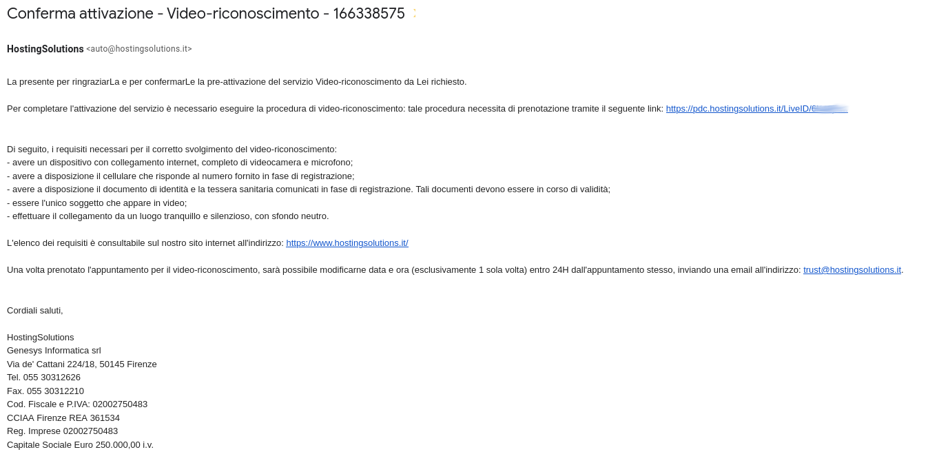 email per prenotazione video-riconoscimento