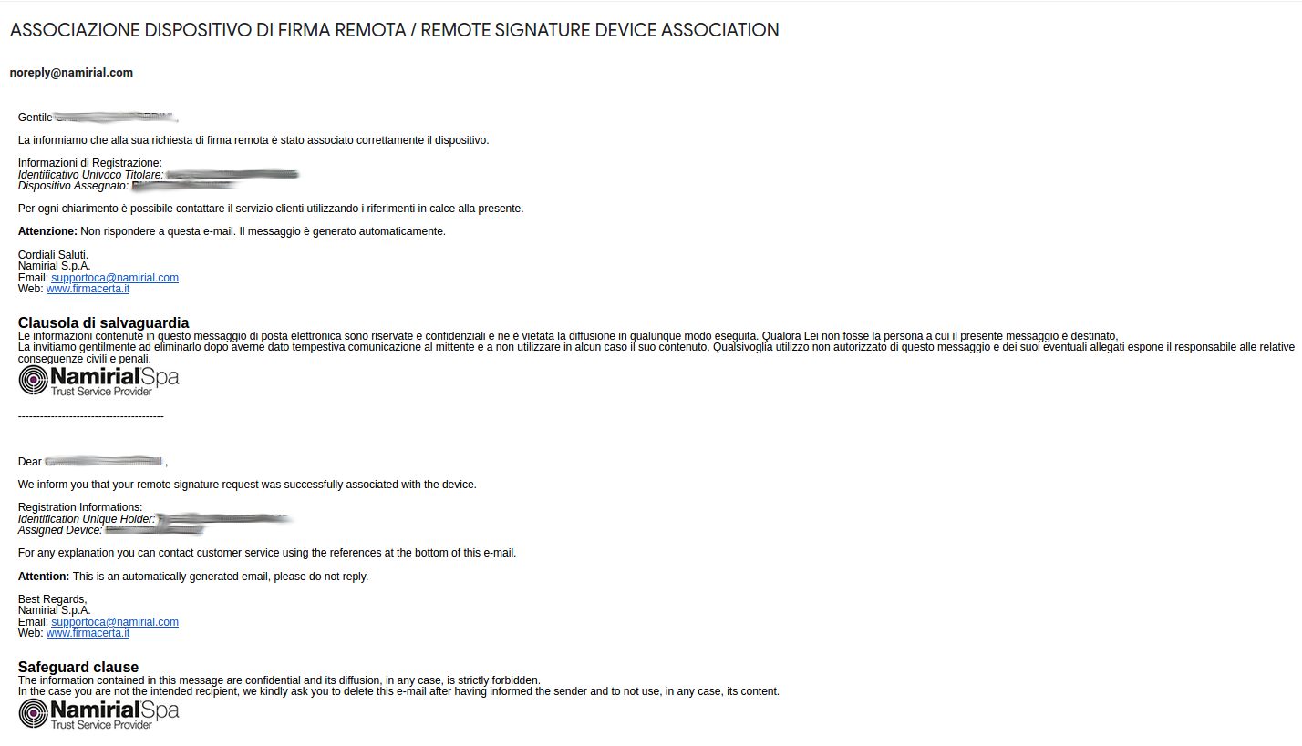 email di conferma della creazione del dispositivo di firma